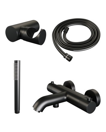 BRAUER Stripe opbouw baddouche thermostaatkraan SET 03 met wandhouder en staaf handdouche en doucheslang mat zwart