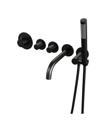 BRAUER Stripe thermostatische inbouw badkraan SET 01 met uitloop en staaf handdouche en doucheslang en wandaansluitbocht mat zwart