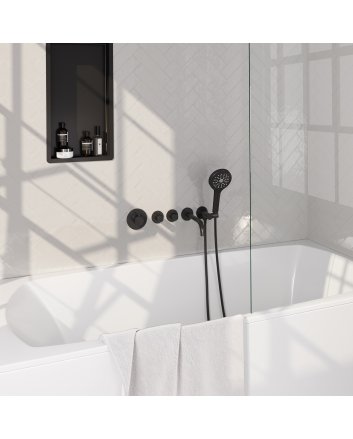BRAUER Stripe thermostatische inbouw badkraan SET 02 met uitloop en 3-standen handdouche en doucheslang en wandaansluitbocht mat zwart
