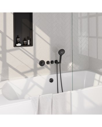 BRAUER Stripe thermostatische inbouw badkraan SET 02 met badvulcombinatie en 3-standen handdouche en doucheslang en wandaansluitbocht mat zwart
