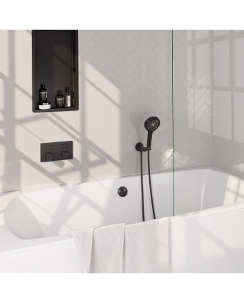 BRAUER Stripe thermostatische inbouw badkraan met drukknoppen SET 04 met badvulcombinatie en 3-standen handdouche en doucheslang en wandaansluitbocht mat zwart
