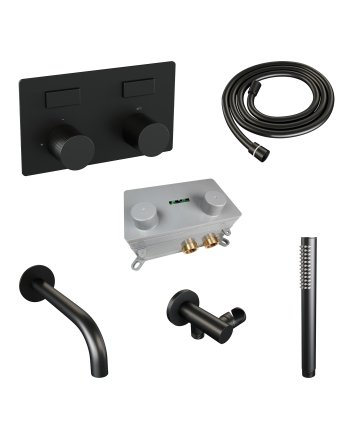 BRAUER Stripe thermostatische inbouw badkraan met drukknoppen SET 03 met uitloop en staaf handdouche en doucheslang en wandaansluitbocht mat zwart