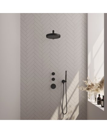 BRAUER Stripe thermostatische inbouw regendouche SET 01 met 25 cm douchekop en rechte muurarm en staaf handdouche en doucheslang en wandaansluitbocht mat zwart