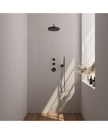 BRAUER Stripe thermostatische inbouw regendouche SET 02 met 25 cm douchekop en gebogen muurarm en staaf handdouche en doucheslang en wandaansluitbocht mat zwart