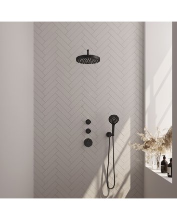 BRAUER Stripe thermostatische inbouw regendouche SET 05 met 25 cm douchekop en gebogen muurarm en 3-standen handdouche en doucheslang en wandaansluitbocht mat zwart