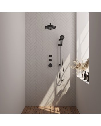 BRAUER Stripe thermostatische inbouw regendouche SET 10 met 25 cm douchekop en rechte muurarm en 3-standen handdouche en doucheslang en geïntegreerde glijstang mat zwart