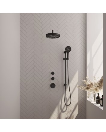 BRAUER Stripe thermostatische inbouw regendouche SET 11 met 25 cm douchekop en gebogen muurarm en 3-standen handdouche en doucheslang en geïntegreerde glijstang mat zwart