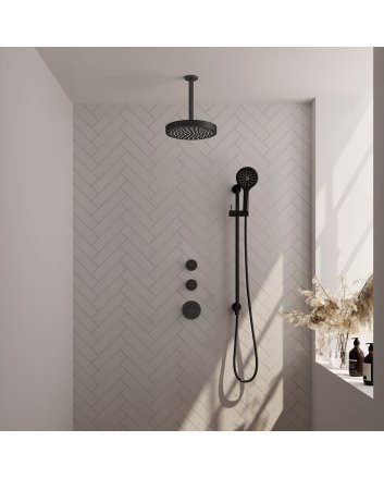 BRAUER Stripe thermostatische inbouw regendouche SET 12 met 25 cm douchekop en plafondarm en 3-standen handdouche en doucheslang en geïntegreerde glijstang mat zwart