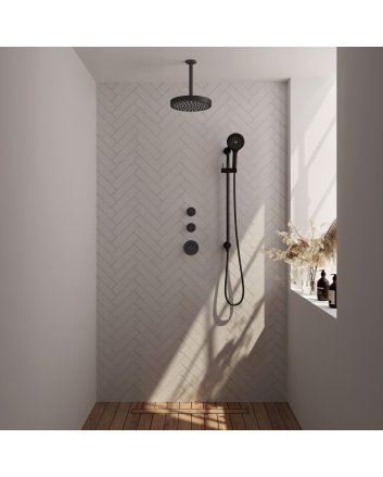 BRAUER Stripe thermostatische inbouw regendouche SET 12 met 25 cm douchekop en plafondarm en 3-standen handdouche en doucheslang en geïntegreerde glijstang mat zwart