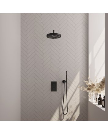 BRAUER Stripe thermostatische inbouw regendouche 3-weg rechthoekig SET 14 met 25 cm douchekop en gebogen muurarm en staaf handdouche en doucheslang en wandaansluitbocht mat zwart