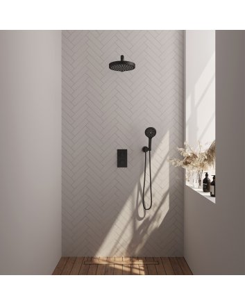 BRAUER Stripe thermostatische inbouw regendouche 3-weg rechthoekig SET 16 met 25 cm douchekop en rechte muurarm en 3-standen handdouche en doucheslang en wandaansluitbocht mat zwart