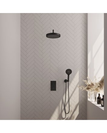 BRAUER Stripe thermostatische inbouw regendouche 3-weg rechthoekig SET 17 met 25 cm douchekop en gebogen muurarm en 3-standen handdouche en doucheslang en wandaansluitbocht mat zwart