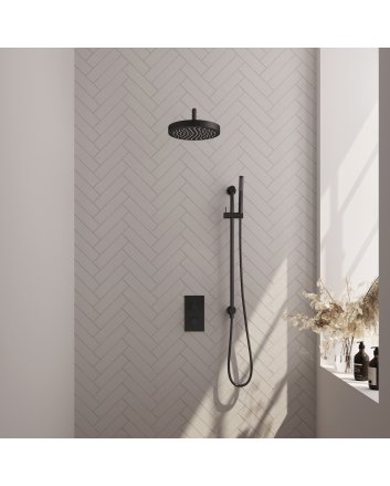 BRAUER Stripe thermostatische inbouw regendouche 3-weg rechthoekig SET 20 met 25 cm douchekop en gebogen muurarm en staaf handdouche en doucheslang en geïntegreerde glijstang mat zwart