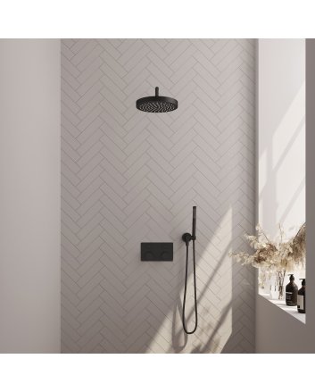 BRAUER Stripe thermostatische inbouw regendouche met drukknoppen SET 26 met 25 cm douchekop en gebogen muurarm en staaf handdouche en doucheslang en wandaansluitbocht mat zwart