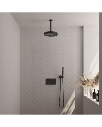 BRAUER Stripe thermostatische inbouw regendouche met drukknoppen SET 27 met 25 cm douchekop en plafondarm en staaf handdouche en doucheslang en wandaansluitbocht mat zwart