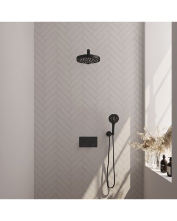 BRAUER Stripe thermostatische inbouw regendouche met drukknoppen SET 28 met 25 cm douchekop en rechte muurarm en 3-standen handdouche en doucheslang en wandaansluitbocht mat zwart