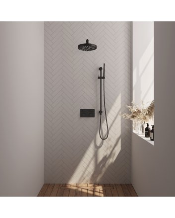 BRAUER Stripe thermostatische inbouw regendouche met drukknoppen SET 31 met 25 cm douchekop en rechte muurarm en staaf handdouche en doucheslang en geïntegreerde glijstang mat zwart