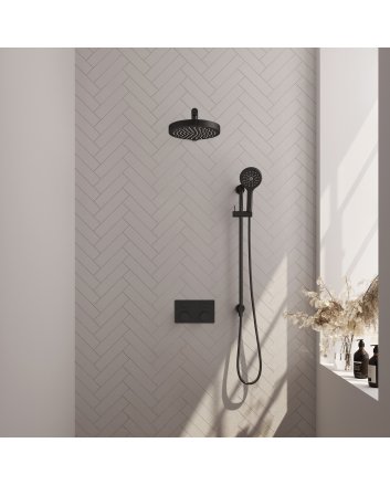 BRAUER Stripe thermostatische inbouw regendouche met drukknoppen SET 34 met 25 cm douchekop en rechte muurarm en 3-standen handdouche en doucheslang en geïntegreerde glijstang mat zwart
