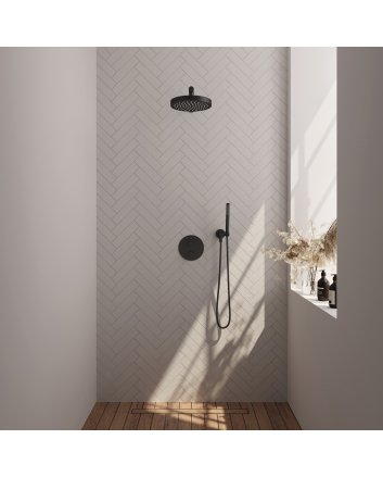 BRAUER Stripe thermostatische inbouw regendouche 3-weg rond SET 37 met 25 cm douchekop en rechte muurarm en staaf handdouche en doucheslang en wandaansluitbocht mat zwart