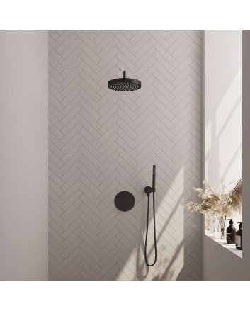 BRAUER Stripe thermostatische inbouw regendouche 3-weg rond SET 38 met 25 cm douchekop en gebogen muurarm en staaf handdouche en doucheslang en wandaansluitbocht mat zwart