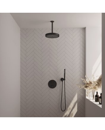 BRAUER Stripe thermostatische inbouw regendouche 3-weg rond SET 39 met 25 cm douchekop en plafondarm en staaf handdouche en doucheslang en wandaansluitbocht mat zwart