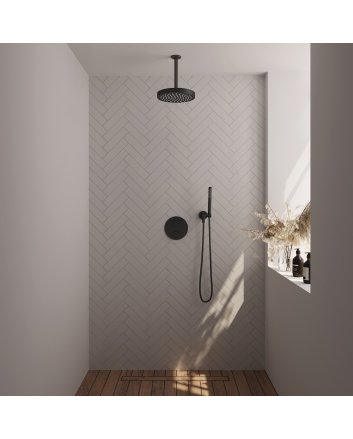 BRAUER Stripe thermostatische inbouw regendouche 3-weg rond SET 39 met 25 cm douchekop en plafondarm en staaf handdouche en doucheslang en wandaansluitbocht mat zwart