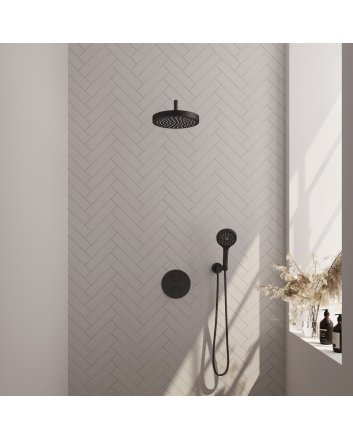 BRAUER Stripe thermostatische inbouw regendouche 3-weg rond SET 41 met 25 cm douchekop en gebogen muurarm en 3-standen handdouche en doucheslang en wandaansluitbocht mat zwart