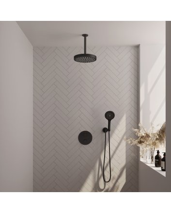 BRAUER Stripe thermostatische inbouw regendouche 3-weg rond SET 42 met 25 cm douchekop en plafondarm en 3-standen handdouche en doucheslang en wandaansluitbocht mat zwart