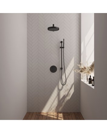 BRAUER Stripe thermostatische inbouw regendouche 3-weg rond SET 43 met 25 cm douchekop en rechte muurarm en staaf handdouche en doucheslang en geïntegreerde glijstang mat zwart