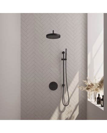 BRAUER Stripe thermostatische inbouw regendouche 3-weg rond SET 44 met 25 cm douchekop en gebogen muurarm en staaf handdouche en doucheslang en geïntegreerde glijstang mat zwart