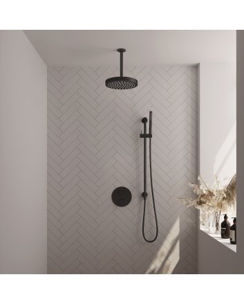 BRAUER Stripe thermostatische inbouw regendouche 3-weg rond SET 45 met 25 cm douchekop en plafondarm en staaf handdouche en doucheslang en geïntegreerde glijstang mat zwart