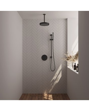 BRAUER Stripe thermostatische inbouw regendouche 3-weg rond SET 45 met 25 cm douchekop en plafondarm en staaf handdouche en doucheslang en geïntegreerde glijstang mat zwart