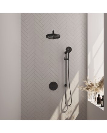 BRAUER Stripe thermostatische inbouw regendouche 3-weg rond SET 46 met 25 cm douchekop en rechte muurarm en 3-standen handdouche en doucheslang en geïntegreerde glijstang mat zwart