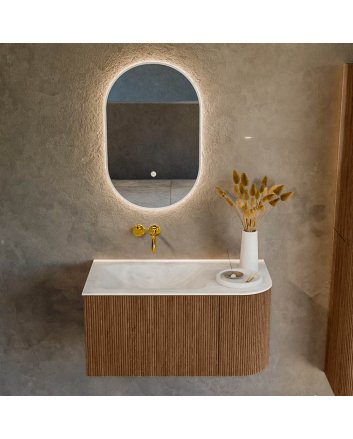Mondiaz Kurve-Dlux 85cm badmeubel ronding Rechts kleur Walnut met 1 lade en 1 deur. Wastafel Cloud Links zonder kraangat Opalo.