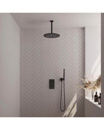 BRAUER Black Edition thermostatische inbouw regendouche 3-weg omstelling SET 30 met 30 cm douchekop en plafondarm en staaf handdouche en doucheslang en wandaansluitbocht mat zwart