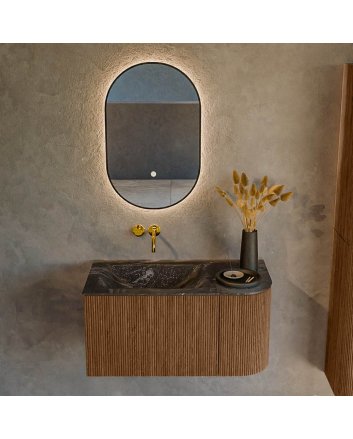 Mondiaz Kurve-Dlux 85cm badmeubel ronding Rechts kleur Walnut met 1 lade en 1 deur. Wastafel Cloud Links zonder kraangat Lava.