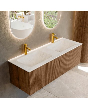 Mondiaz Kurve-Dlux 130cm badmeubel kleur Walnut met 2 lades en 0 deuren. Wastafel Leaf Dubbel 2 kraangaten Opalo.