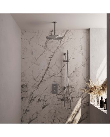 BRAUER Brushed Carving thermostatische inbouw regendouche 3-weg omstelling SET 42 met 30 cm douchekop en plafondarm en staaf handdouche en doucheslang en geïntegreerde glijstang RVS geborsteld PVD
