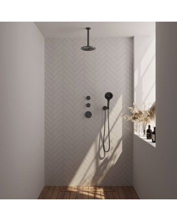BRAUER Gunmetal Carving thermostatische inbouw regendouche SET 11 met 20 cm douchekop en plafondarm en 3-standen handdouche en doucheslang en wandaansluitbocht gunmetal geborsteld PVD