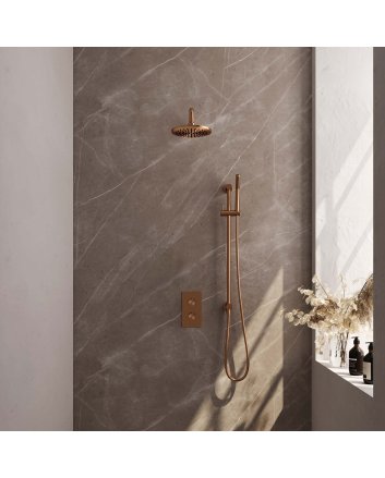 BRAUER Copper Carving thermostatische inbouw regendouche 3-weg omstelling SET 39 met 20 cm douchekop en gebogen muurarm en staaf handdouche en doucheslang en geïntegreerde glijstang koper geborsteld PVD