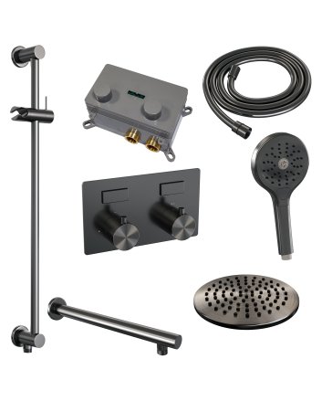 BRAUER Gunmetal Edition thermostatische inbouw regendouche met drukknoppen SET 67 met 20 cm douchekop en rechte muurarm en 3-standen handdouche en doucheslang en geïntegreerde glijstang gunmetal geborsteld PVD