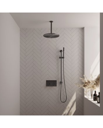 BRAUER Gunmetal Carving thermostatische inbouw regendouche met drukknoppen SET 66 met 30 cm douchekop en plafondarm en staaf handdouche en doucheslang en geïntegreerde glijstang gunmetal geborsteld PVD