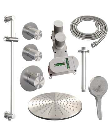 BRAUER Brushed Carving thermostatische inbouw regendouche SET 24 met 30 cm douchekop en plafondarm en 3-standen handdouche en doucheslang en geïntegreerde glijstang RVS geborsteld PVD