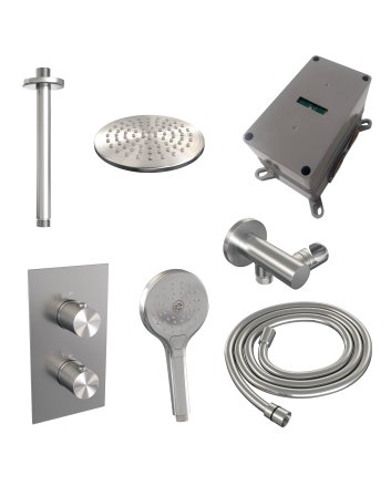 BRAUER Brushed Carving thermostatische inbouw regendouche 3-weg omstelling SET 35 met 20 cm douchekop en plafondarm en 3-standen handdouche en doucheslang en wandaansluitbocht RVS geborsteld PVD