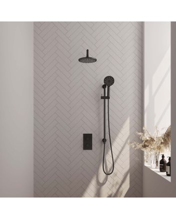 BRAUER Black Edition thermostatische inbouw regendouche 3-weg omstelling SET 45 met 20 cm douchekop en gebogen muurarm en 3-standen handdouche en doucheslang en geïntegreerde glijstang mat zwart