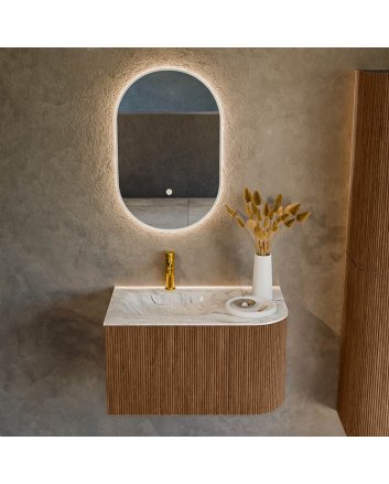 Mondiaz Kurve-Dlux 75cm badmeubel ronding Rechts kleur Walnut met 1 lade en 1 deur. Wastafel Grunne Links 1 kraangat Glace.