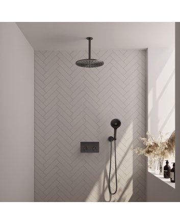 BRAUER Gunmetal Edition thermostatische inbouw regendouche met drukknoppen SET 60 met 30 cm douchekop en plafondarm en 3-standen handdouche en doucheslang en wandaansluitbocht gunmetal geborsteld PVD