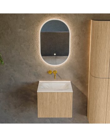 Mondiaz Kurve-Dlux 50cm badmeubel kleur Oak met 1 lade en 0 deuren. Wastafel Grunne Midden zonder kraangat Ostra.