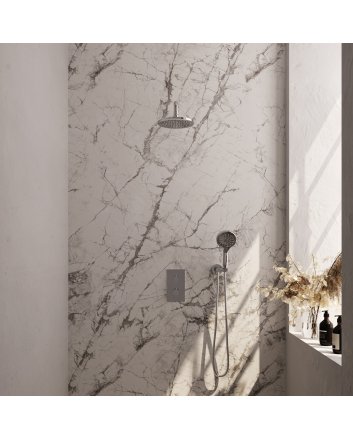 BRAUER Chrome Edition thermostatische inbouw regendouche 3-weg omstelling SET 33 met 20 cm douchekop en gebogen muurarm en 3-standen handdouche en doucheslang en wandaansluitbocht chroom