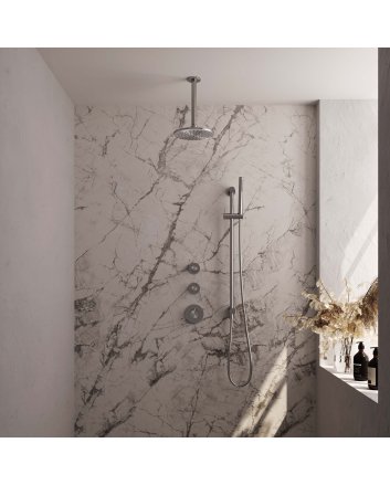 BRAUER Brushed Edition thermostatische inbouw regendouche SET 17 met 20 cm douchekop en plafondarm en staaf handdouche en doucheslang en geïntegreerde glijstang RVS geborsteld PVD